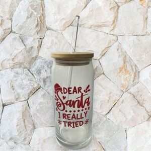 Beer Glass “Santa” glass with bamboo lid and straw